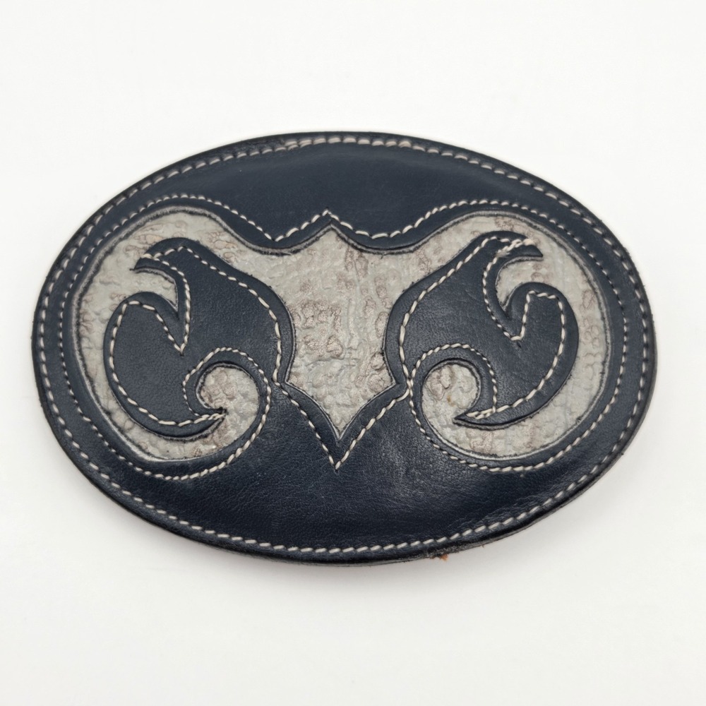 Vintage Tony Lama Navy Blue & Gray Antelope Skin Belt Buckle Made In USA